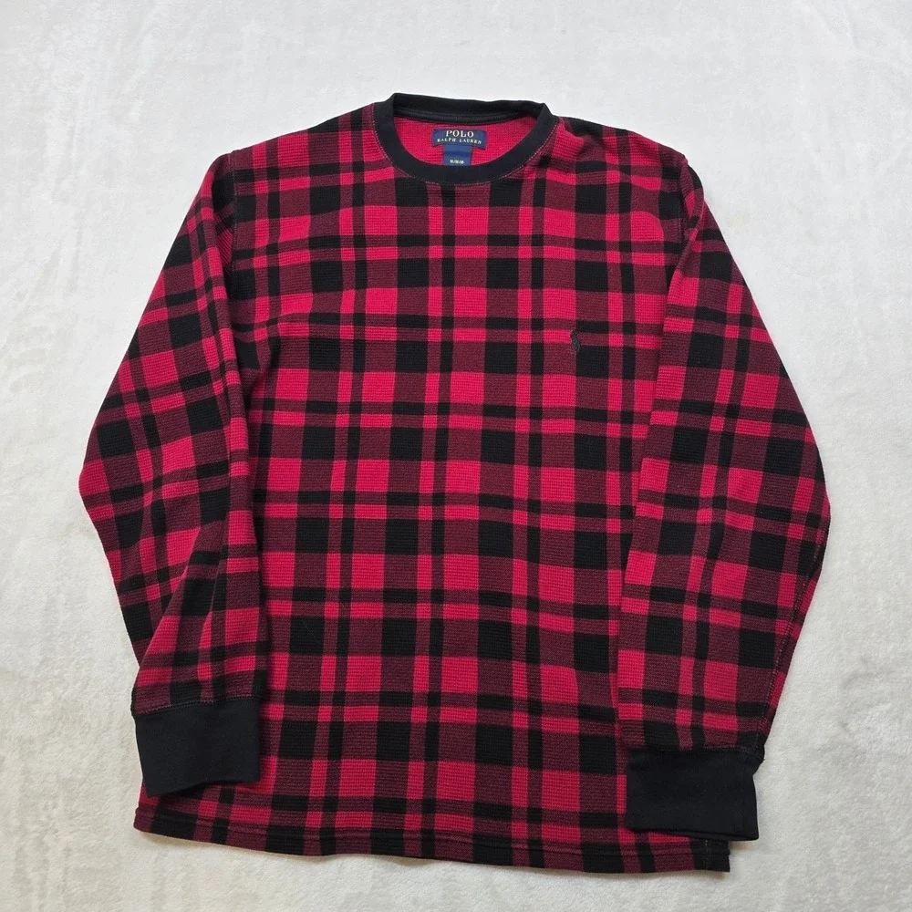 Polo Ralph Lauren Thermal Shirt Mens Medium Red‎ Black Plaid Sleepwear
